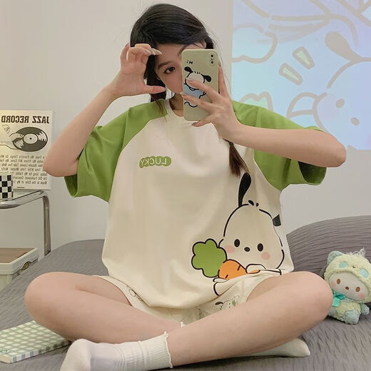 Xushansi Internet Celebrity Style Pyjamas für Frauen große Größe 200 Jin [Jin ist gleich 0,5 kg] Sommer kurzärmelige Shorts süß und niedlich fett mm Home Kleidung Neue Sommerstil 679 Grüne Dinosaurier M Empfohlen 80-90 Jin [Jin gleich 0,5 kg]