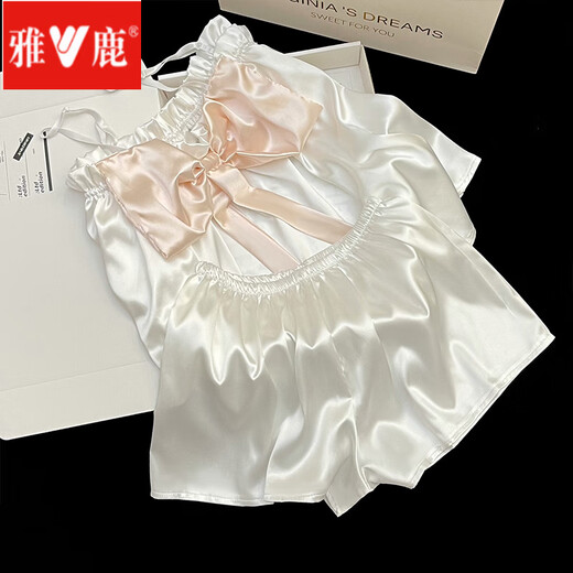 Yalu sweet suspender ice silk pajamas for women in summer 2025 new Korean style bow sexy suit home clothing FS_9214# cardigan double short lace pocket XL