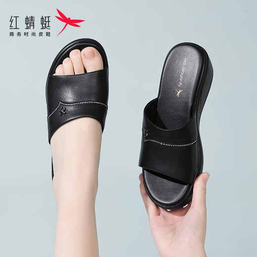 红蜻蜓拖鞋女厚底夏季真皮一字拖家居厚底增高水钻外穿皮拖鞋妈妈凉拖鞋 黑色（跟高6cm） 35