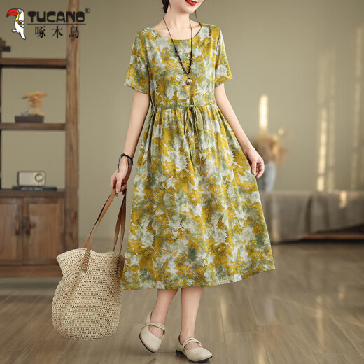 Vestido de algodón estampado de carpintero y lino de lino para mujeres Summer suelto de tamaño de cintura de tamaño de D para hacer lino casual y elegante estilo gris de longitud media XL recomendado 126-141Jin [Jin equivale a 0.5 kg]