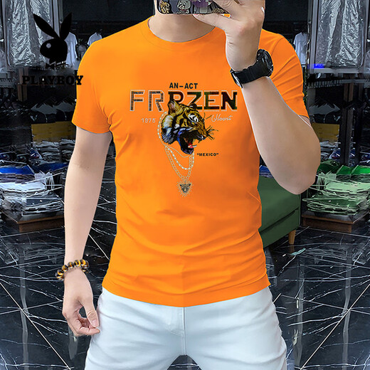 花花公子（PLAYBOY）欧货2025短袖T恤男士丝光棉半袖老虎头烫钻欧洲站圆领修身冰丝亮 6628桔色【丝光棉】 XL