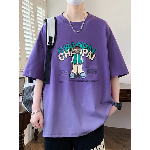 啄木鸟青少年短袖t恤2025新款男孩初中生潮流帅气半袖大童宽松夏装上衣 10319-6169紫色单件短袖 10319-6 M 70-90斤左右
