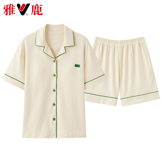 雅鹿高档情侣睡衣夏季纯棉短袖短裤简约开衫可外穿男士女款棉家居服 X12703-12803 M 女款：