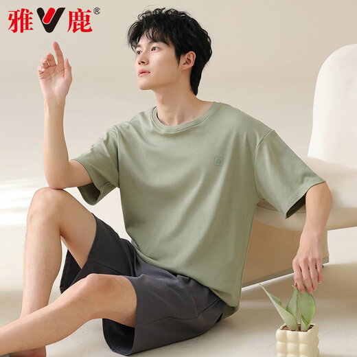 Yalu men's pajamas men's summer thin short-sleeved cotton can be worn outside casual large size boys' home wear suit 42M13601 2XL recommended weight 140-160Jin Jin equals 0.5 kg
