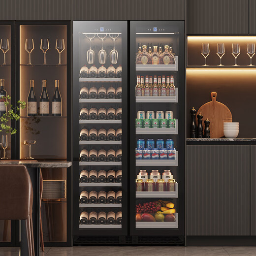 Bai Kailun double-door wine cabinet with constant temperature and humidity double-door light luxury ultra-thin seamless embedded household air-cooled frost-free villa tea beverage liquor wine fruit preservation refrigerated display cabinet 1.9 meters丨Dual temperature zone丨Full display style丨 242 bottles Thick style