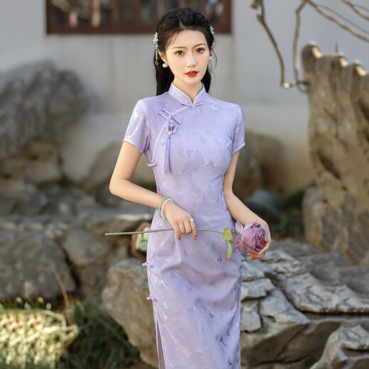 罗蒙品牌紫色蕾丝长款改良旗袍2025新款年轻款女国风复古修身日常可穿 18861紫 S