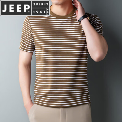 JEEP SPIRIT夏季加肥加大码胖子海魂衫短袖T恤男士中老年宽松蓝白条纹海军衫 9866绿色 XL 180