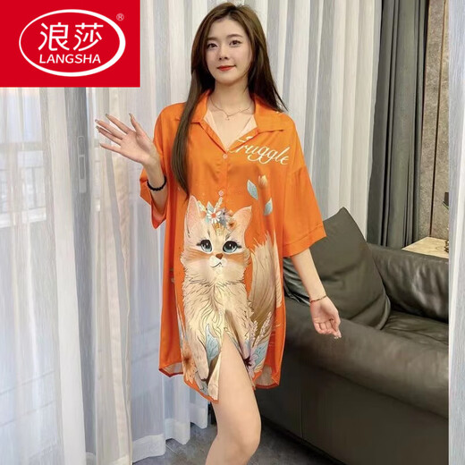 浪莎（LangSha）冰丝睡裙女夏季2024年新款网红风性感宽松大码衬衫睡衣可外穿 718托腮猫 L 【100-120斤】
