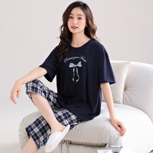 
Meijun large size pajamas for women in summer modal short-sleeved loose women's cropped pants home clothing set summer thin XPW7029 M