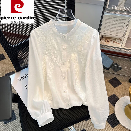 Pierre Cardin super nice white long-sleeved shirt for women spring new super hot French puff sleeve top beautiful little shirt white L 105-115Jin Jin is equal to 0.5 kg