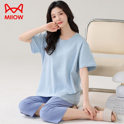 猫人（MiiOW）莫代尔睡衣女夏加肥加大码短袖七分裤夏天薄款宽松套头家居服套装 XP-7027 M