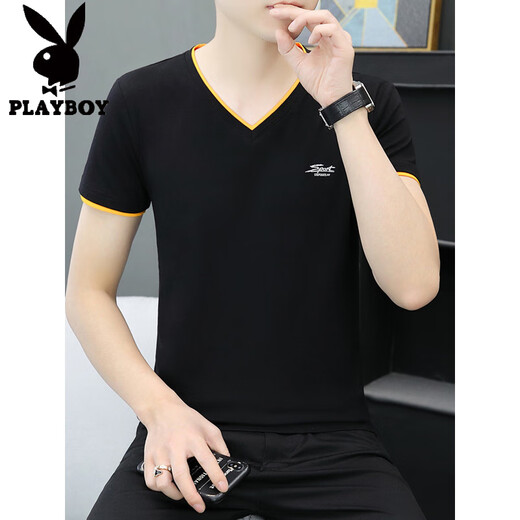 花花公子（PLAYBOY）纯棉V领男士短袖t恤2025夏季潮牌百搭修身冰丝半袖体恤上衣服男潮 黑色 QY691 M 100-115斤