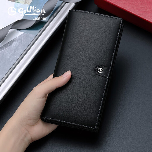 Goldlion Herren echtes Leder langer Brieftasche Top-Schicht Cowhide Dünn Multifunktion Reißverschluss Clip Schwarz schwarz