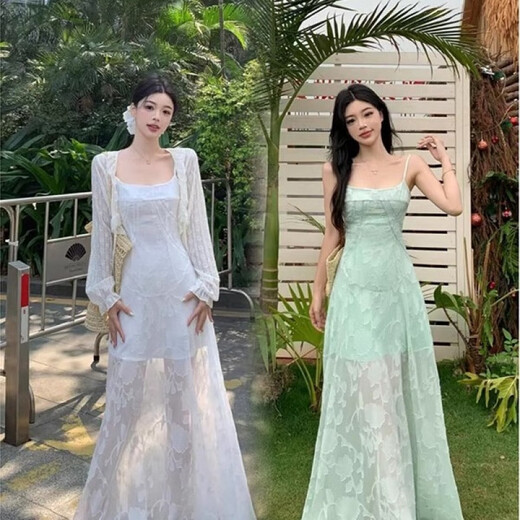 Rongxitu französische Minze -grüne Schlinge Kleid Sommer Taille Langes Kleid weiß *753 m