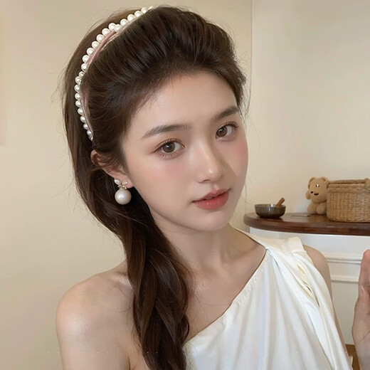 Bo Na Ling pearl headband 2 packs retractable and foldable temperament versatile face wash makeup hair press headband travel portable headwear foldable headband pearls 2 packs