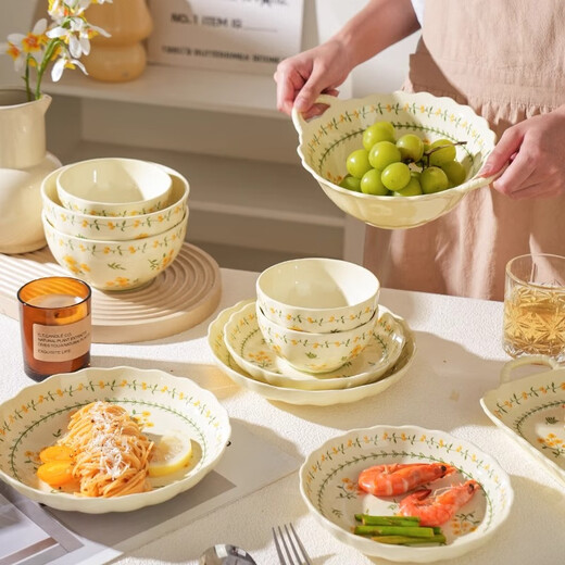 Persson underglaze color bowl and plate set household small fresh ceramic bowl and plate set combination housewarming gift tableware complete set spring cute 2-person meal 7-piece set