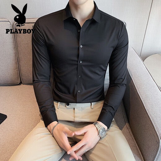 Playboy (Playboy) Camisa blanca sin textura de alta gama Camisa delgada de manga larga de manga larga sin hierro Camisa de boda para hombres casuales White L 115-125Jin [Jin iguala 0.5 kg]