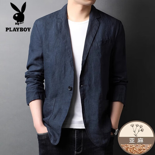 花花公子100%亚麻西服外套男棉麻薄款夏季男士商务休闲防晒西装外套 藏青色 2XL 185/104A