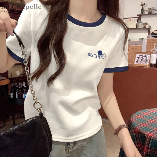 拉夏贝尔（LA CHAPELLE）纯棉正肩夏季2025年新款白色短袖t恤女宽松显瘦减龄百搭撞色上衣 KC693蓝领 L
