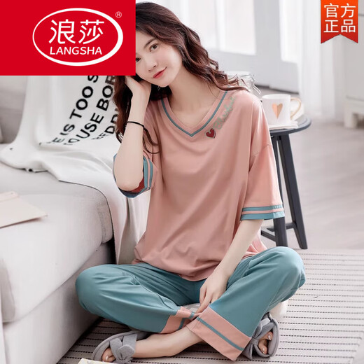 
LangSha pajamas for women in summer 2025 new pure cotton thin loose home clothes short-sleeved trousers casual outfits Fentenkoan 7374 XL [recommended 120-140Jin [Jin equals 0.5 kg]]
