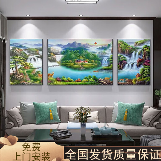Landscape painting Living room decoration painting Green mountains and green water sofa background wall Sanlian mural office attracts wealth landscape hanging painting 12596 sunrise in green mountains 80*60 sides 40*60 gold frame oil canvas