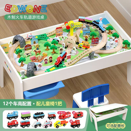 Edwone Wooden Track Car Trevate Controw Train en bois pour enfants Table jouet en bois garçon grand assemblage de particules Table de bloc de construction Table bleu + couverture + Crane Hillside Standard Official Standard