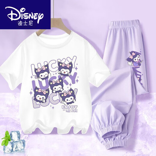 Disney Binpaw Girls Summer Jade Dog Dog 2025 New Big Children Cotton Pure Coton Shirt T-shirt A983 White + A984 Purple Pants 130 (hauteur suggérée 115-125 cm)