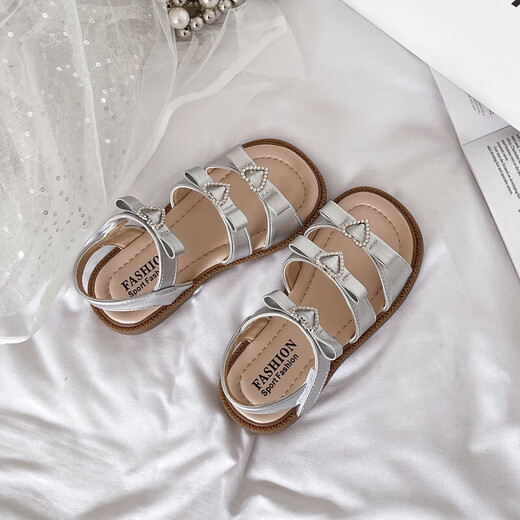 Girls Princess Sandals 2025 Summer New Children's Sandals Soft Sole Medium and Large Children's Open Toe Sandals Velcro Girls Silver Size 29 Inner Length Approximately 18.2cm