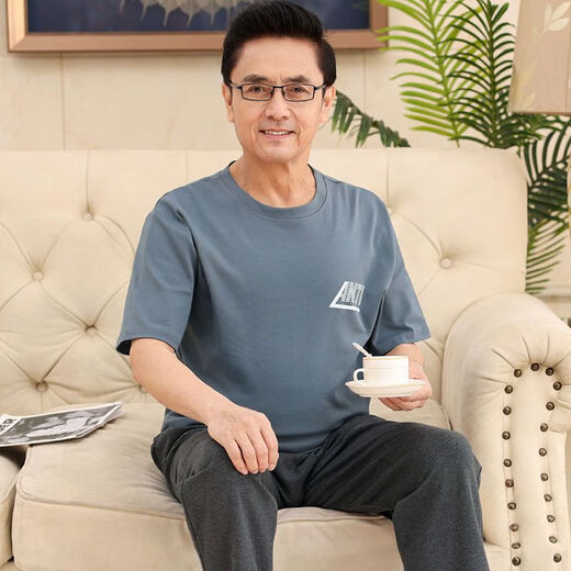 啄木鸟（TUCANO）棉质夏季短袖长裤男士睡衣中年爸爸套头休闲套装老年人薄款家居服 NXF9711 XL 码(建议140-160d