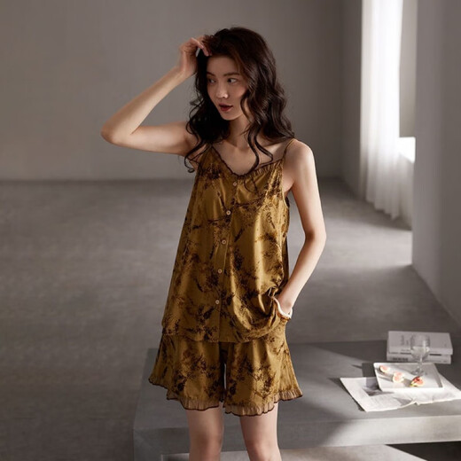 莫代尔睡衣女夏季吊带背心短裤家居服夏天可外穿薄款时尚性感套装 【深杏黄】6636 2XL 适合【140-160斤】