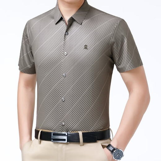 Mengtejiao Herren High-End Mulberry Seide gestreiftes Hemd Kurzärärmelte Sommer-Business-Shirt Silber S 165 [Vorgeschlagenes Gewicht: 100-120]