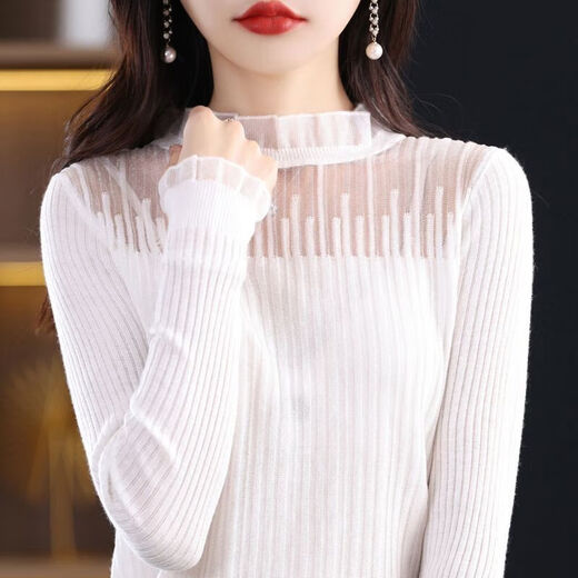她风采3883人收藏2025秋冬新款时尚花边领背心蕾丝打底耳边高领毛衣针 米白色 S 80