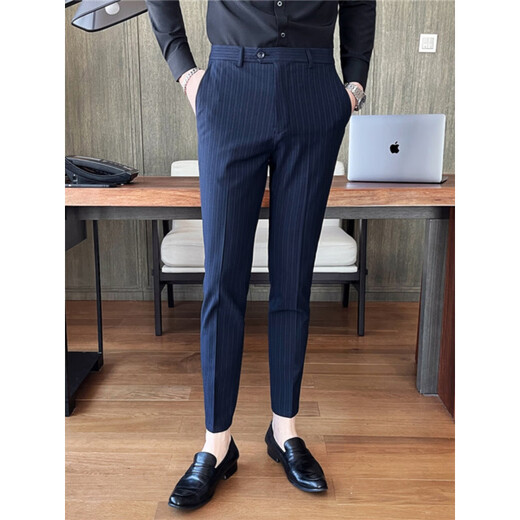 GY金利来藏青色竖条纹西裤男韩版修身小脚商务休闲裤免烫男士西装裤 藏青色长裤 A455-9902 31 建议125-135斤