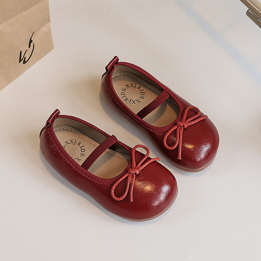 Ershanji 2025 Spring and Summer New Girls' Leather Shoes with Bow Knot Children's Shoes Little Girls Princess Shoes Soft Sole Peas Shoes Shallow Mouth Single Shoes Bow Knot Leather Shoes Wine Red Size 32 Inner Length 19.2cm