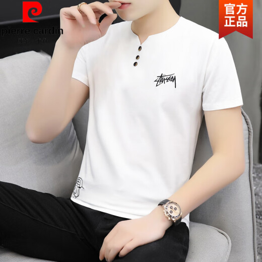 皮尔卡丹（pierre cardin）高品质夏季V领纯棉短袖男t恤男装白色潮牌印花简约休闲打底衫针织 白色691 M 90-115斤