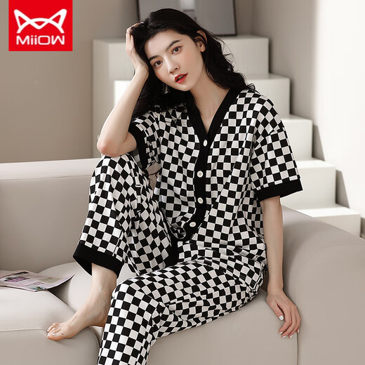 猫人 MIIOW睡衣女春夏短袖长裤开衫韩版可爱V领夏天家居服全纯棉套装 YSH-9734#开衫 M 码80-100斤