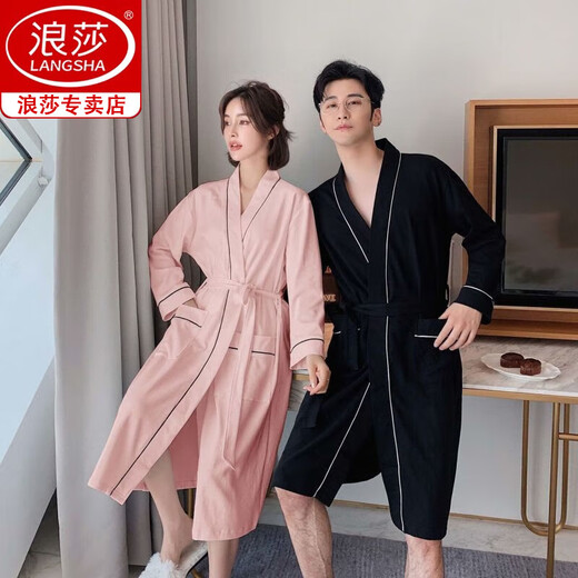 Langsha spring and summer couple nightgown women pure cotton water-absorbing hotel style bathrobe medium long sleeve thin men's large size summer home clothes [men] nightgown long sleeves/723 3XL