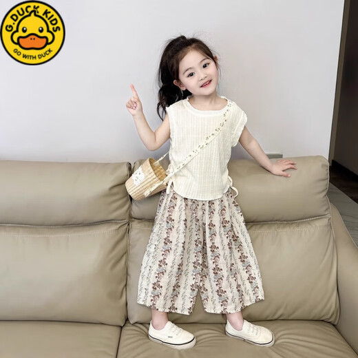 G.Duckkids Little Yellow Ente] Neue koreanische Version des Girls 'Weste Set für den Sommer 2025 Mode dünne Sommer zweiteilige Zweiköpfe von White Draw String Top + Blumenhose mit breitem Bein 120