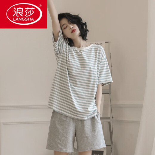 Langsha 2025 Nuevo pijamas para mujeres para el verano de algodón puro de algodón puro conjunto de dos piezas de dos piezas para el hogar con rayas de verano y YZT9854 M Style de mujeres recomendado 80-100Jin [Jin equivale a 0.5 kg]