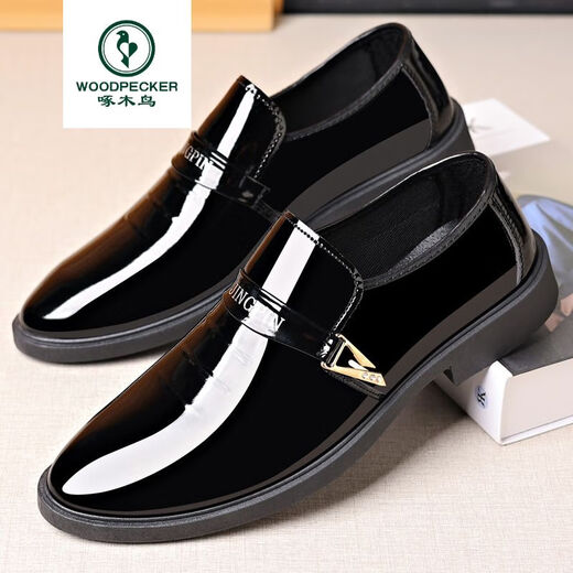 Woodpecker processing large size men's patent leather shoes men's formal British pointed toe men's leather shoes 686 black 43