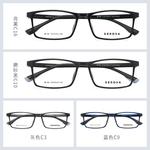 Gafas de miopía de Slova Calidad de marco TR90 Gafas de marco cuadrado El marco se puede equipar con gafas de astigmatismo miopía. Gafas profesionales en línea. Slova SF681 Matte Black C10 con 1.74 lente anti-azul kemi U6