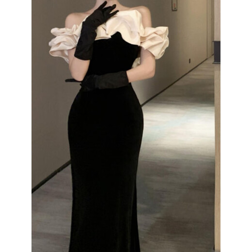 忻萦感赫本风黑色年会晚礼服裙高端轻奢小众鱼尾一字肩绒连衣裙 黑色 S