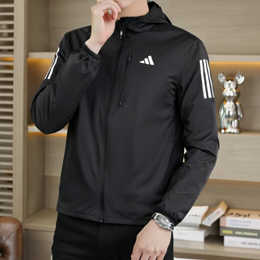 Adidas jacket men's 2025 summer new sportswear running fitness training woven hooded jacket casual top IN1483 black M