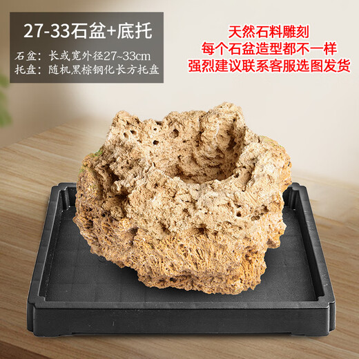 Stone flowerpot with water-absorbing stone, raw stone, natural flowerpot with asparagus, bamboo, calamus, succulents, micro-landscape pot, 27-33cm stone pot + tempered rectangular holder