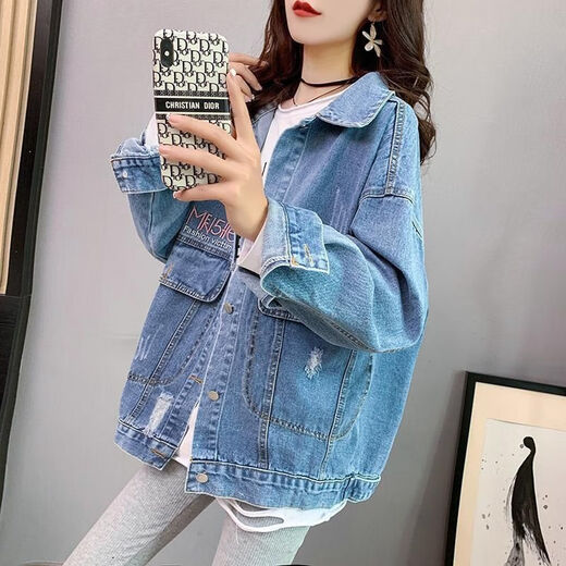 Single Nanwei Denim Jacke für Frauen Herbststil, Koreaner loser großer Slim Damen-Jacke, kleine Jeanskleidung 9926# Bildstil [Blue] S [vorgeschlagen 80-100Jin [Jin gleich 0,5 kg]]