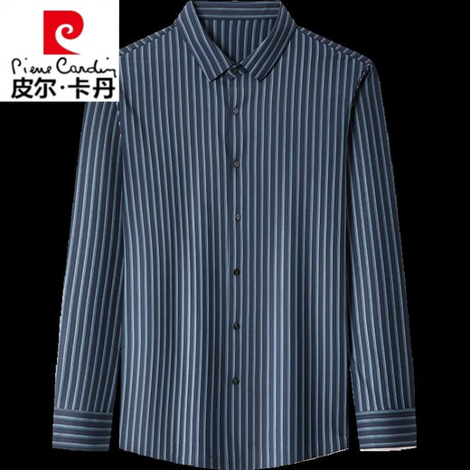 皮尔卡丹（pierre cardin）高端桑蚕丝男士长袖衬衫春秋季薄款无痕免烫休闲爸爸透气条纹衬衣 9928款-上青 M 165【建议90-120斤】