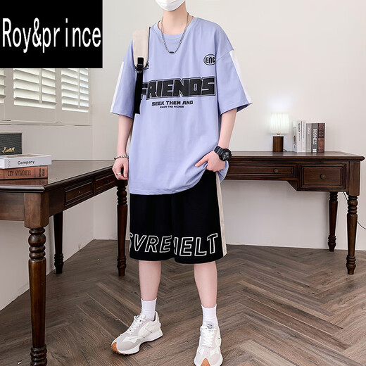 罗伊王子&Roy&prince短袖套装男潮流t恤12-15岁青少年初中学生帅气夏装13大童运动14 JYZJ-9905白色(上衣+短裤) XL 115至130斤