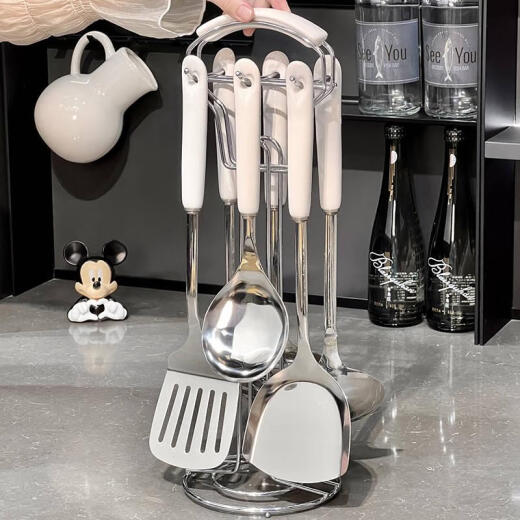 Spátula de la cocina Yusenyi Cucharara juego completo de cuchara de sopa doméstica Cosla de arroz de arroz salteando spátula antiadherente antiadherente utensilio de cocina engrosado conjunto de siete piezas de espátula de acero inoxidable juego completo de 854 piezas de 854
