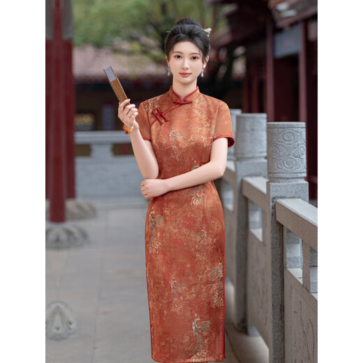 布力潘送考旗袍中国风小个子高考旗袍妈妈考日常可穿连衣裙轻夏装加大码 桔红色款1278 M
