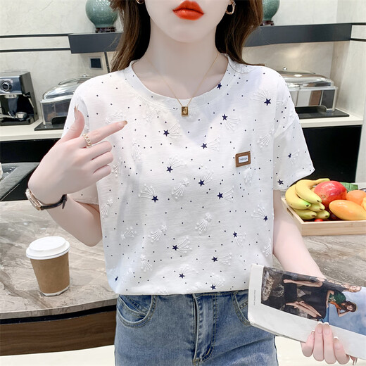 宾雍高质量棉质印花t恤女短袖夏装2025年新款宽松印花设计感百搭体恤 1396白色+327彩色字母 S 适合80-99斤